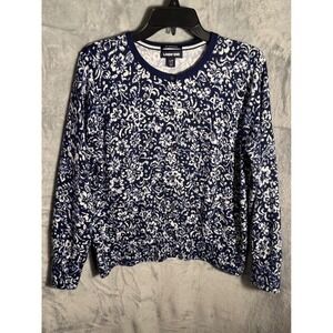 Lands End Womens L P 14 16 Blue Supima cotton Floral Button Up Cardigan Sweater